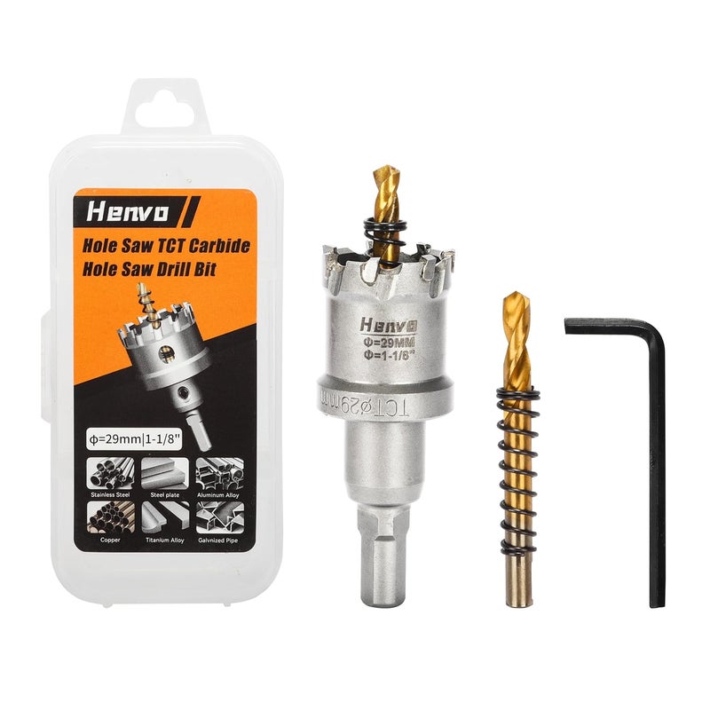 Henvo Hole Saw 1-1/8" (29mm) Heavy Duty Carbide with 2 Pilot Drill Bits - Metal Hole Cutter Cuts Stainless Steel, Iron, Copper, Brass, Plastic - Image 1
